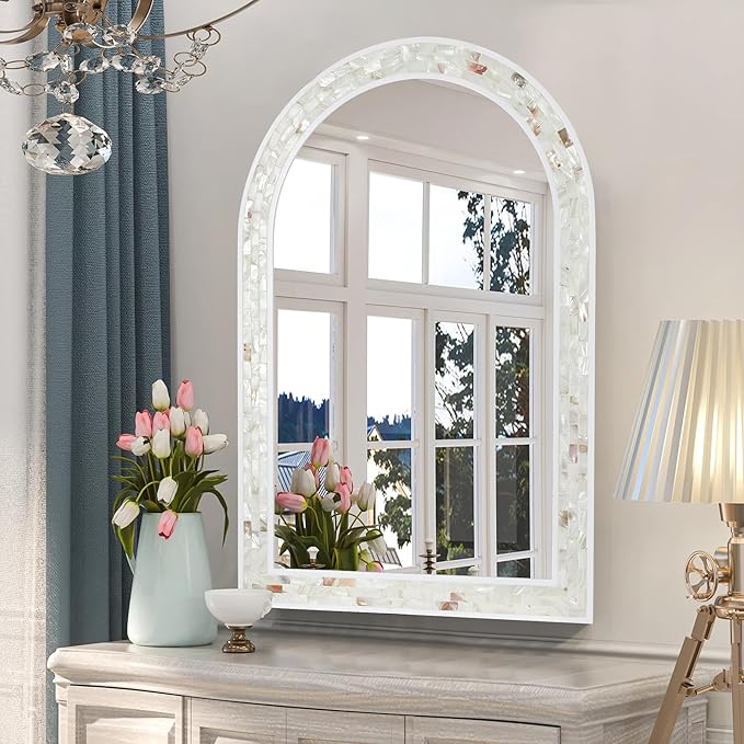 Tanmicoshomy White Arched Wall Mirror 24x36 Inches, Mosaic Bathroom Mirror with Shell Frame for Bathroom Living Room Bedroom or Entryway