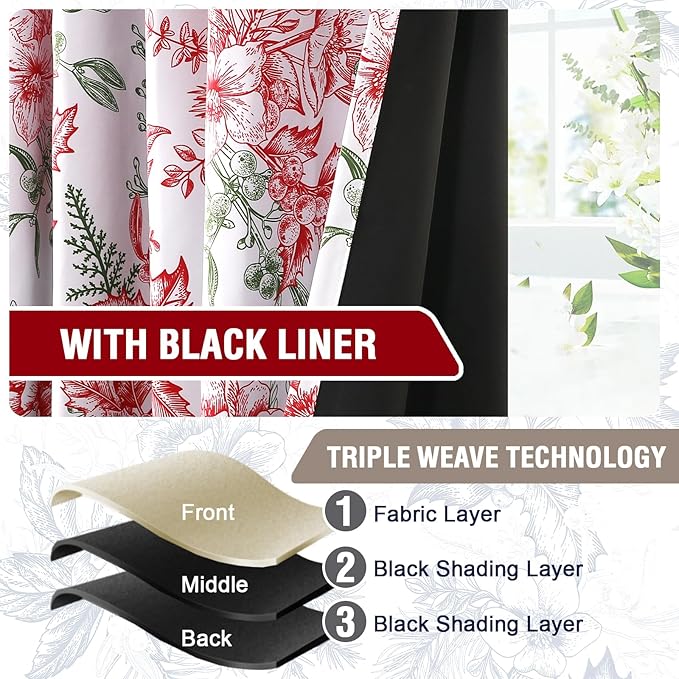 H.VERSAILTEX Christmas 100% Blackout Curtain Thermal Insulated Bedroom Curtains Back Tab/Rod Pocket Vintage Floral Curtains with Black Liner, 2 Panels Set 84 Inch, Christmas Red and Christmas Green