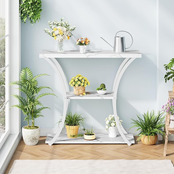 Hoctieon 3 Tier Console Table with Open Wood Shelves, Decorative Entryway Table with Curved Metal Frames, Narrow Sofa Table for Entrance, Living Room, Hallway, White Marbled