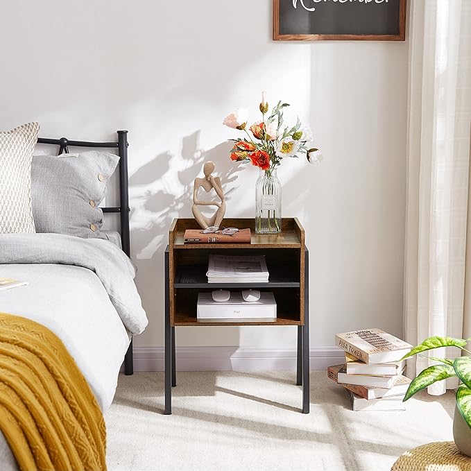 VECELO Nightstand Industrial Side End Table/Stackable Accent Furniture with 2-Tier Open Storage Compartments for Bedroom, Living Room and Small Spaces