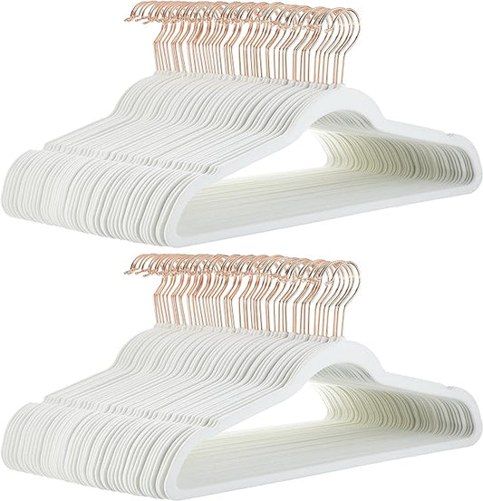 Amazon Basics Slim Velvet Non-Slip Space Saving Suit Clothes Hangers for Closet Organization, Ivory/Rose Gold, 100-Pack