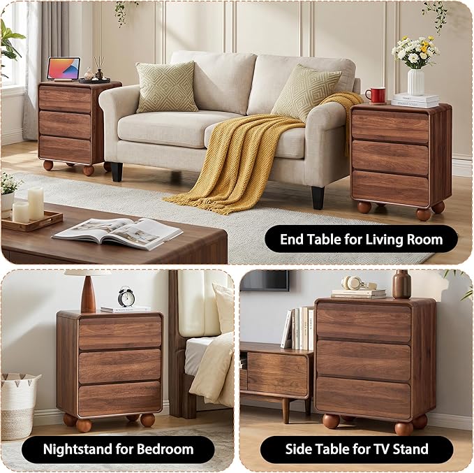 AVZEAR Modern 3 Drawer Dresser for Bedroom, Wooden Dresser Chest of Drawers, Handle Free & Curved Profile Design, Mid Century 3 Drawer Nightstand for Living Room, Walnut