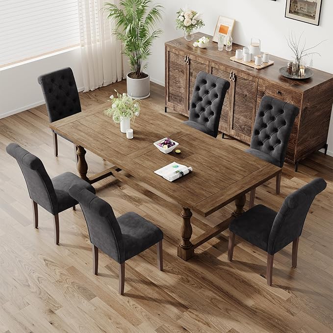 Upholstered Tufted Dining Room Chairs Set of 2, Parsons Kitchen Chairs with Padded Seat and Solid Wood Legs, Fabric Accent Side Diner Chair for Dining Room/Kitchen/Living Room, Black