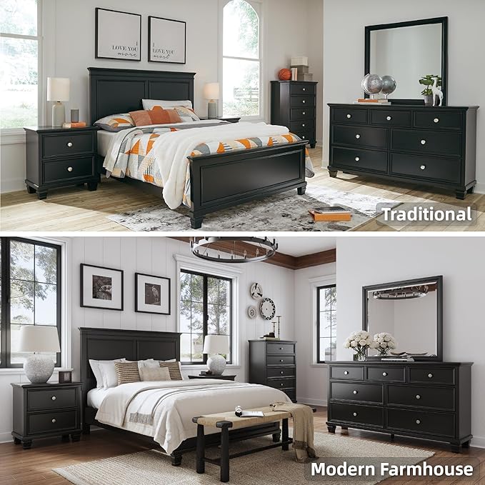 Signature Design by Ashley Lanolee Modern 7-Drawer Dresser and Mirror with Safety Stop, Classic Style, Sturdy Wood, Birch Veneer, Framed Drawer Fronts, Metal Drawer Knobs, Pewter-Tone Finish, Black