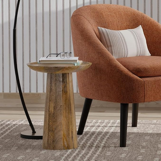 SIMPLIHOME Dayton End Table - 13 inch Wide Solid Mango Wood Round Accent Table in Natural, Handcrafted Contemporary Nightstand or Lamp Stand for Living Room or Bedroom with Textured Finish, Assembled