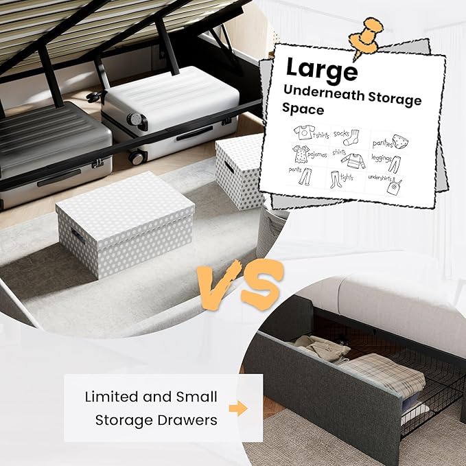 SHA CERLIN King Size Lift Up Storage Bed Frame,Button Tufted Wingback Headboard,Upholstered Platform,Hydraulic Storage,Wooden Slat Support,No Box Spring,Light Beige