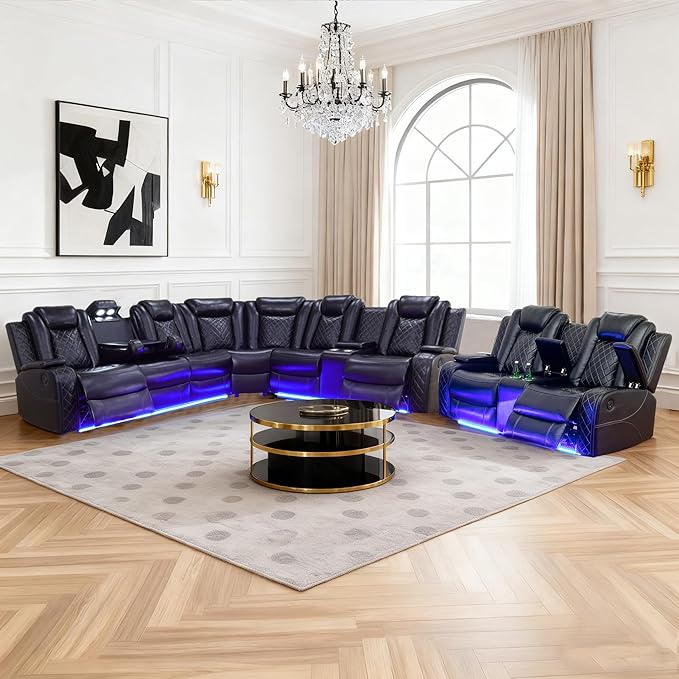 Power Recliner Sectional Sofa Set, Black Leather Sectional Couch and Loveseat for Living Room, L Shape Reclining Sofa with Cup Holder, Hidden Storage, Coffee Table for House(8 Seat)