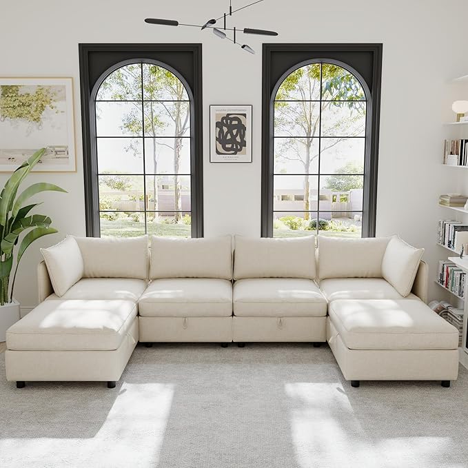 129-Inch U-Shaped 6 Seat Modular Sofa Deep Seat Storage Sectional Sofa Couch Free Combination with Movable Ottomans ,6 Seat Chenille Upholstered U-Shaped Convertible Sleeper Couch for Home Apartment | Space Saving