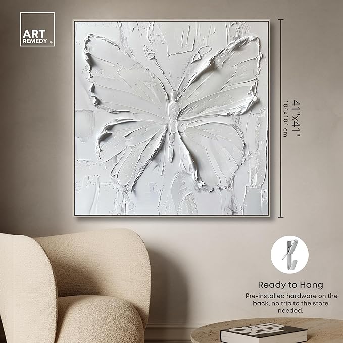 Art Remedy White Butterfly Canvas Elegant White Gold Wall Art, Silver Frame, 40" x 40"