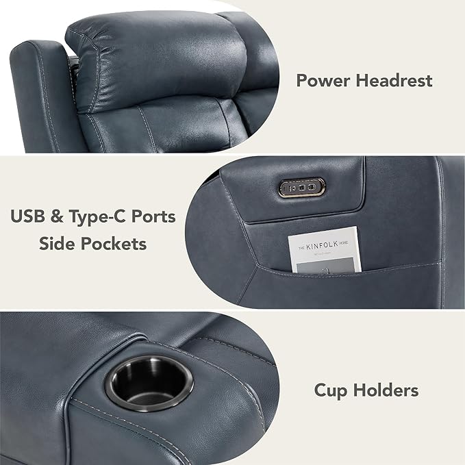 Watson & Whitely Genuine Leather Power Reclining Sofa, 3-Seater Lay Flat Recliner Sofa with Power Headrest, Cup Holders, USB & Type-C Ports, Electric Reclining Couch for Living Room, Navy Blue