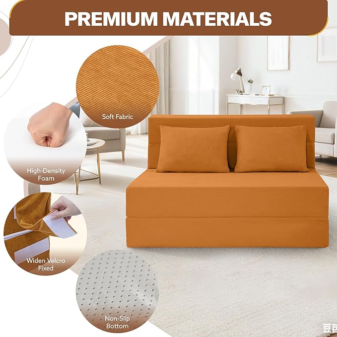Fvkind Folding Sofa Bed, 4 in 1 Convertible Sleeper Sofa Bed Chair with Pillow, Twin Memory Foam Loveseat Futon Sleeper Chair, Foldable Futon Couch for Living Room, Bedroom, Guest Room, Yellow