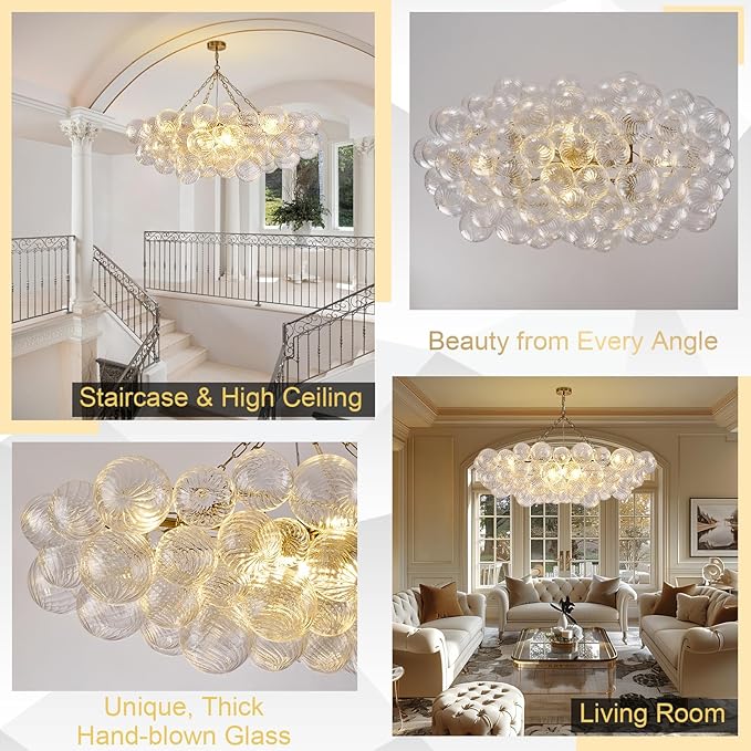 51" Large Gold Bubble Chandelier, 9-Light Modern Hand Blown Glass Chandelier Light Fixture, Rectangle Chandeliers for Dining Room Living Room Kitchen Island Foyer Entryway(Brush Brass Finish)