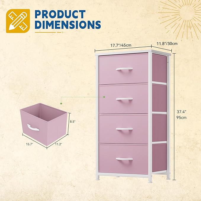 DWVO Storage Drawer with 4 Drawers - Pink Fabric Dressers, Dresser for Bedroom, Living Room, Closets - Sturdy Steel Frame, Wooden Top & Easy Pull Fabric Bins