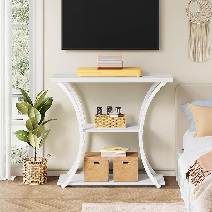 Hoctieon 3 Tier Console Table with Open Wood Shelves, Decorative Entryway Table with Curved Metal Frames, Narrow Sofa Table for Entrance, Living Room, Hallway, White