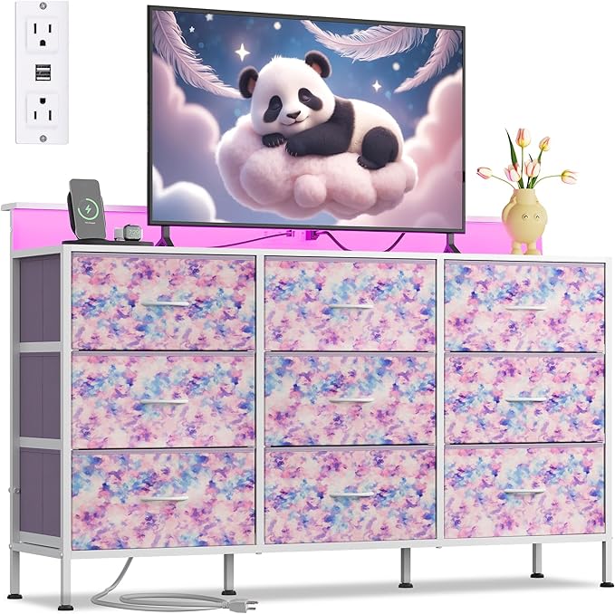 WLIVE Dresser TV Stand for 45, 50, 55 inch TV, Entertainment Center with LED Lights & Charging Station, Chest of Drawers with 9 Fabric Drawers and Open Shelves for Living Room, Tie-dye Purple Print