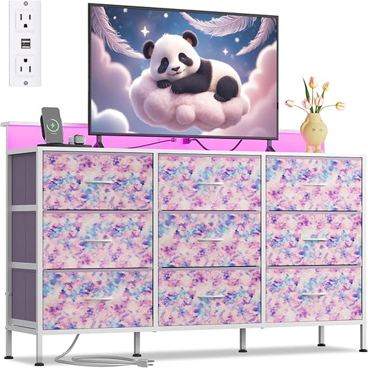 WLIVE Dresser TV Stand for 45, 50, 55 inch TV, Entertainment Center with LED Lights & Charging Station, Chest of Drawers with 9 Fabric Drawers and Open Shelves for Living Room, Tie-dye Purple Print