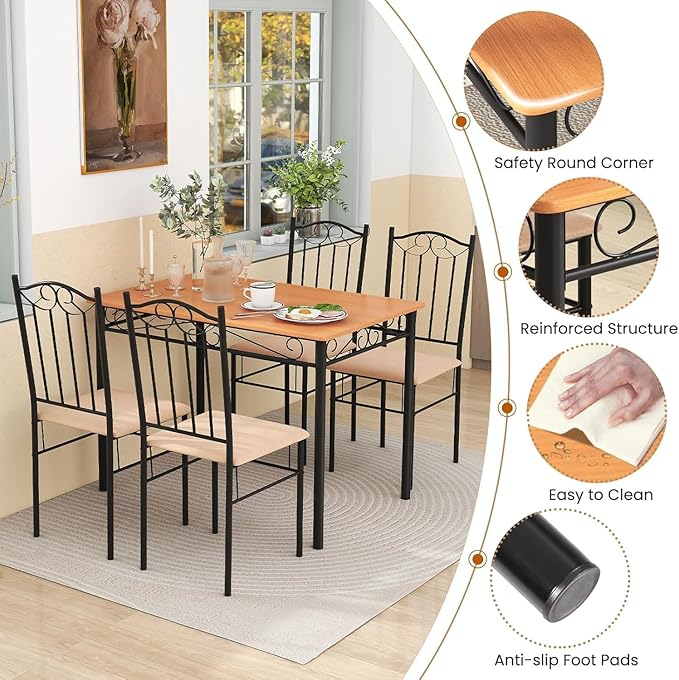 NAFORT 5-Piece Vintage Rectangular Table Set for 4, 4 Padded Chairs w/Metal Frame Wood Tabletop for Home Kitchen Dining Room Furniture Set for 4, Natural