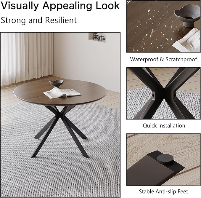ALBAD 46.4" Round Dining Table, Mid Century Modern Round Dining Room Table for 4-6 with Metal Legs, Easy Assembly Coffee Table, Space-Saving Design for Kitchen and Dining Room