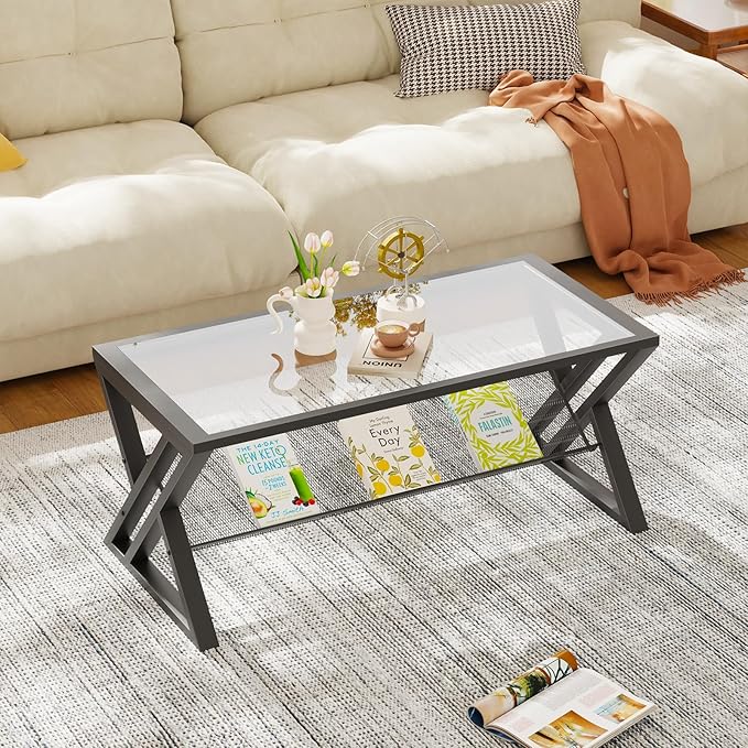 Glass Coffee Table Living Room Table with Storage Shelf, Black Glass Table Simple Modern Rectangular Tables with Sturdy Black Metal Frame,Industrial Glass Coffee Table for Bedroom Home Office