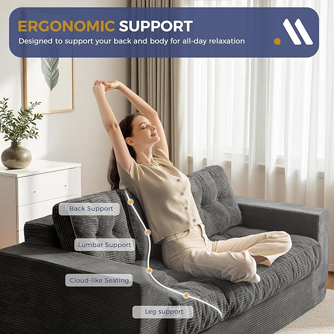 MAXYOYO Oversized Loveseat Sofa Couch, Upholstered Bean Bag Chair Cloud 3-Seat for Adults, Boneless Couch with Tufted Cushion & Pillows, Sofa in A Box, No Assembly Required, Dark Grey