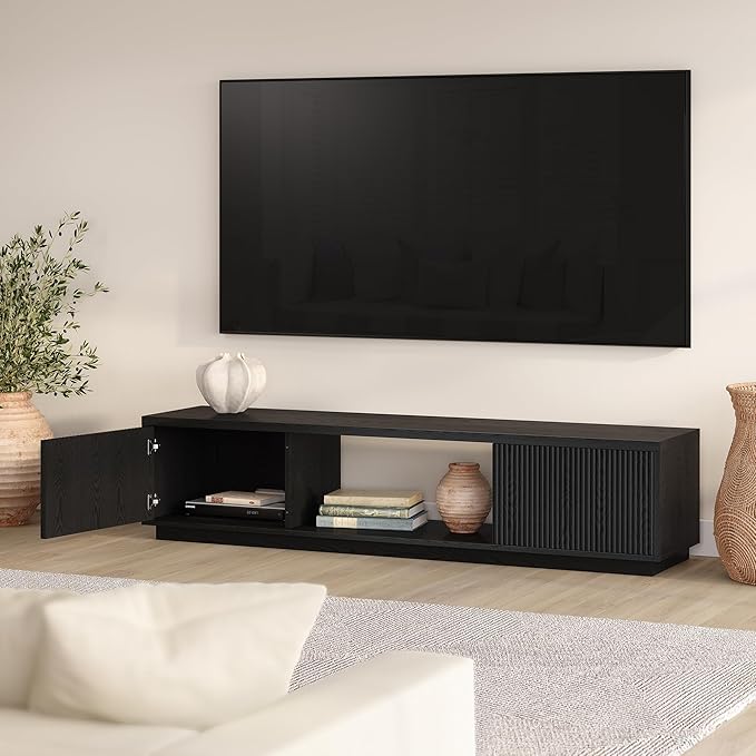 Henn&Hart Fluted TV Stand for TVs up to 78" with 2 Ribbed Side Storage Cabinets and Open Center Storage for Living Room, Family Room, or Office, Natural Black