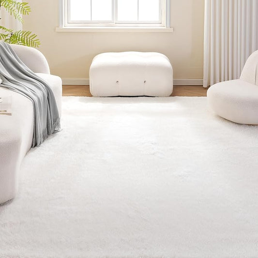 Amazon Basics Fluffy Washable Area Rug, Shaggy Carpet for Living Room, Bedroom, 5' W × 7' L, Cream