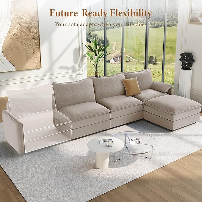 Vesgantti 108" Modular Sectional Sofa, Comfy Cloud Couch with Movable Ottoman Deep Seat Chenille L Shaped Modular Sofa, Sectional Couches for Living Room, Bedroom and Apartment, Light Brown | Sink-in Comfort, Height Adjustable, Easy Rearrangement, Extr...