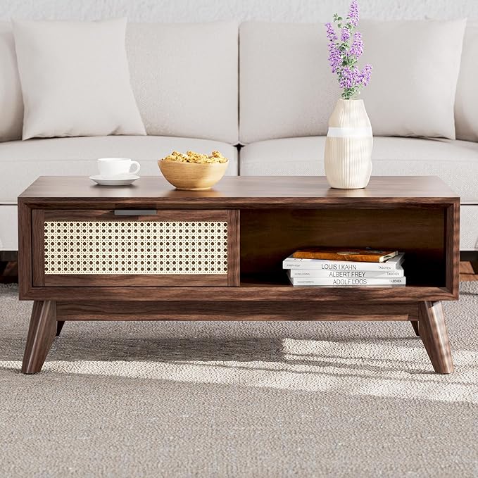 Bme Solid Wood Jasper Coffee Table with Storage, Accent Rattan Design, Perfect for Living Room, Walnut