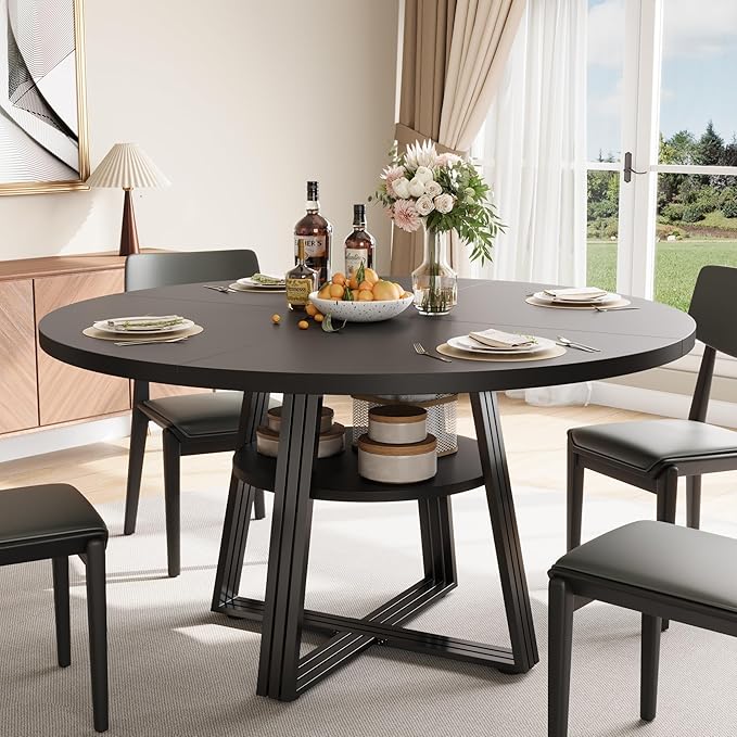 Garvee 47 in Inch Round Dining Table for 4, Farmhouse Dining Room Circle Dinner Table,Space Saving Wood Kitchen & Dining Room Furniture, Round Tables with Storage and Metal Square Legs, Black