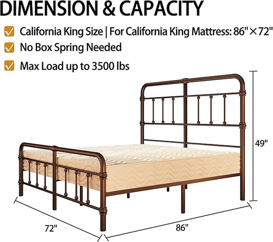 Cal-King-Bed-Frame with headboard Giselle-Vintage Antique-Metal - Iron Platform Mattress Foundation,49 inch High,No Box Spring Needed(Brown)