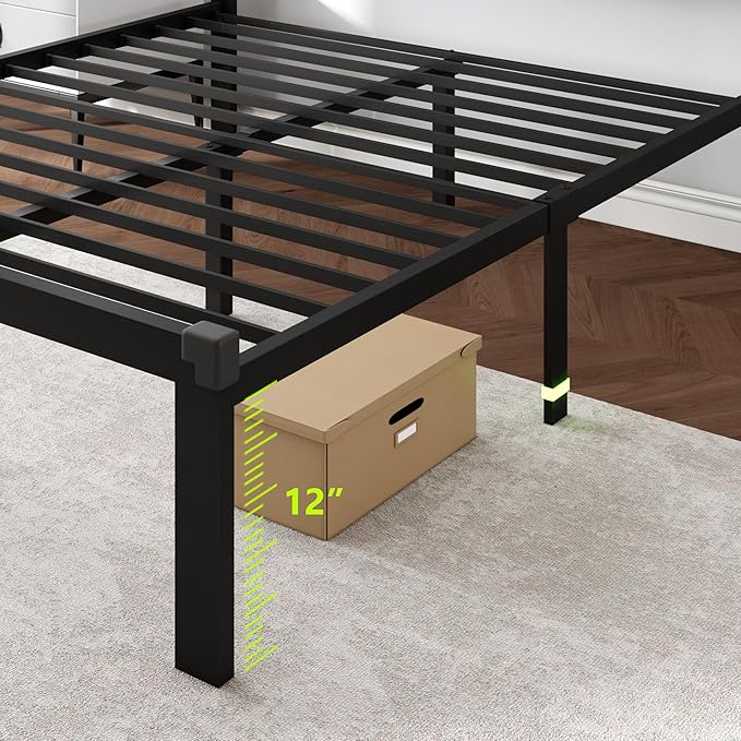 Feonase Full Size Metal Bed Frame with Faux Leather Button Tufted Headboard, Platform Bed Frame with Heavy Duty Metal Slats, 12" Storage Space, Noise Free, No Box Spring Needed, Black