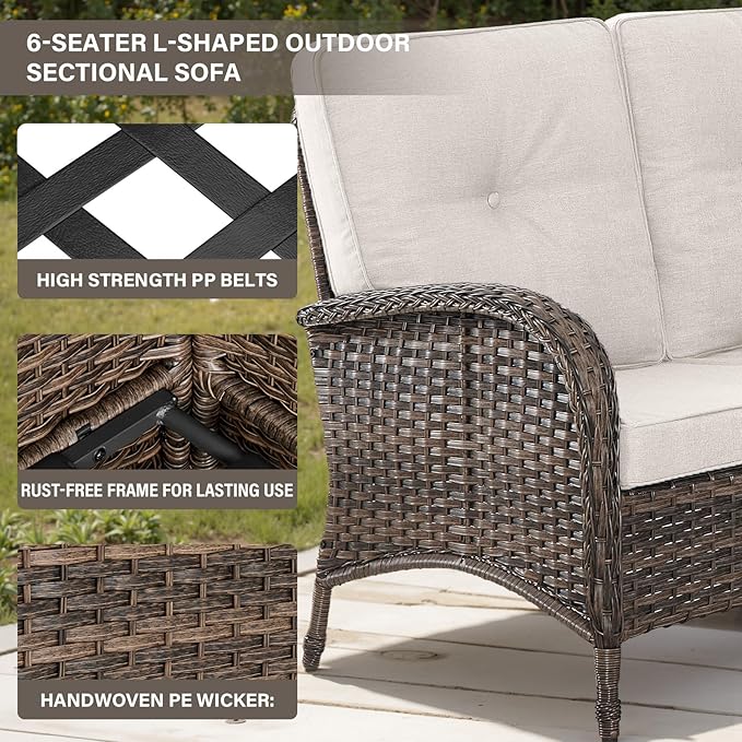 Belord Outdoor Furniture Set - 6 Pieces Patio Conversation Sectional Sofa Set with Patio Rocking Chairs Set of 2 and Wicker Coffee Table for Deck Backyard Sunroom Brown