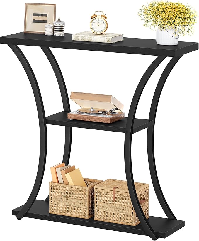 Hoctieon 3 Tier Console Table with Open Wood Shelves, Decorative Entryway Table with Curved Metal Frames, Narrow Sofa Table for Entrance, Living Room, Hallway, Black