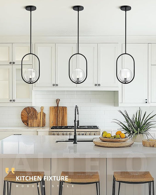 AUTELO 1-Light Matte Black Pendant Lights Kitchen Island, Kitchen Pendant Lighting Over Island with Clear Globe Glass, Black Hanging Lamp with Adjustable Rod for Kitchen Island H9376 CLBK