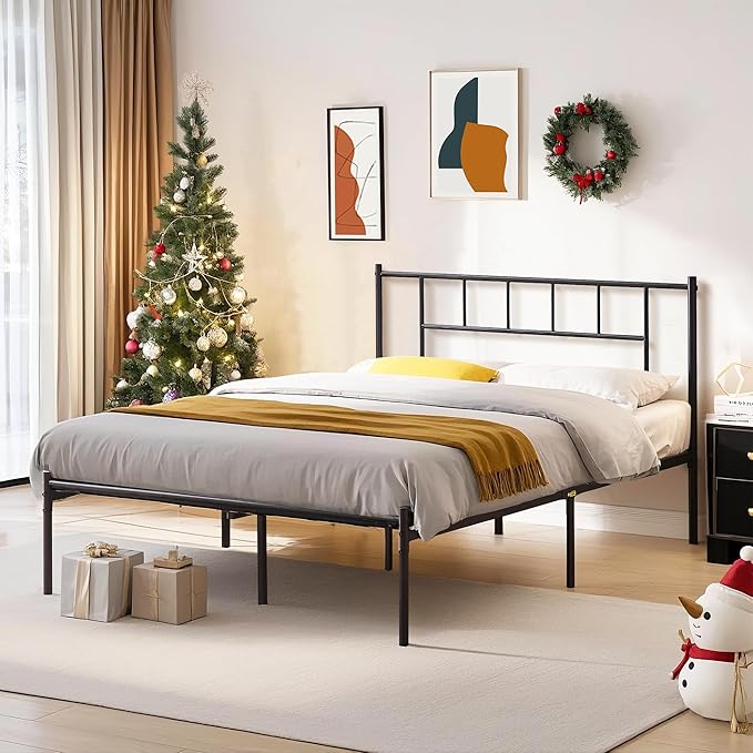 VECELO Queen Metal Platform Bed Frame with Headboard, Heavy Duty Steel Slat Support, Under Bed Storage,No Box Spring Needed, Easy Assembly