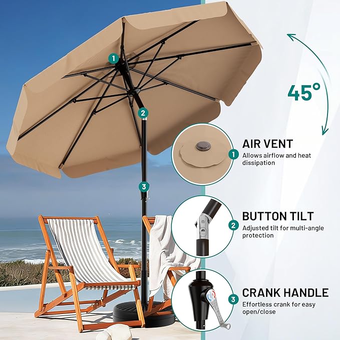 AreShark 9FT Valance Patio Umbrella, Outdoor Table Umbrella with Tilt and Crank, Outdoor Market Umbrellas W/ 8 Sturdy Ribs UV Protection for Garden, Deck, Backyard and Pool, Beige