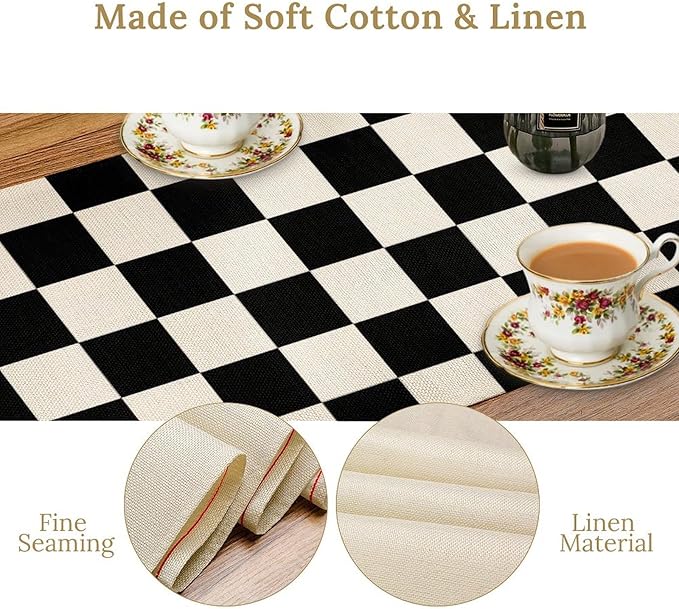 Black White Plaid Table Runner Racing Car Theme for Birthday Reunion Party Home Kitchen Dining Room Dinner Runner Decor 13x90in