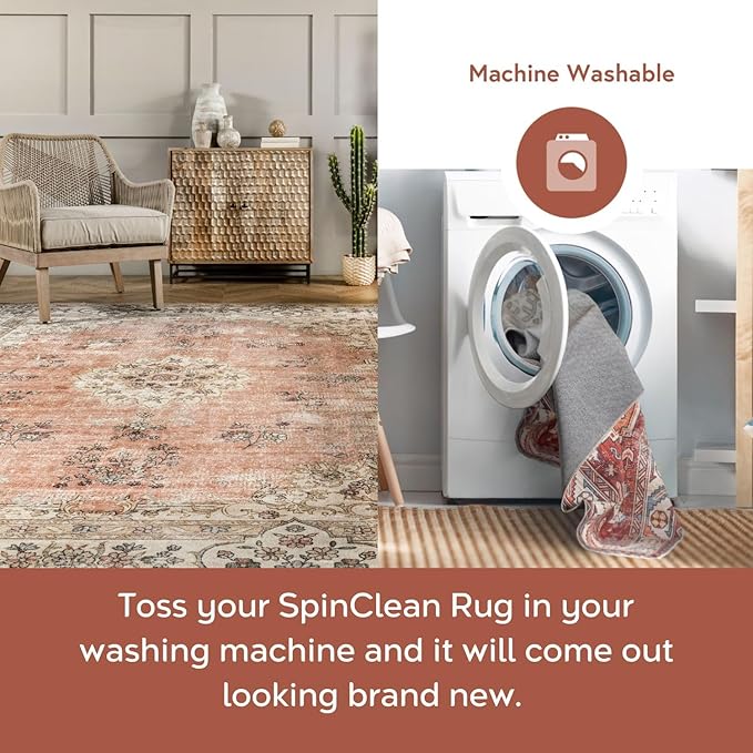 nuLOOM 4' x 6' Machine Washable Stain-Resistant Area Rug with Non Slip Backing, Low Profile for Living Room, Bedroom, and Dining Room, Ren Peach