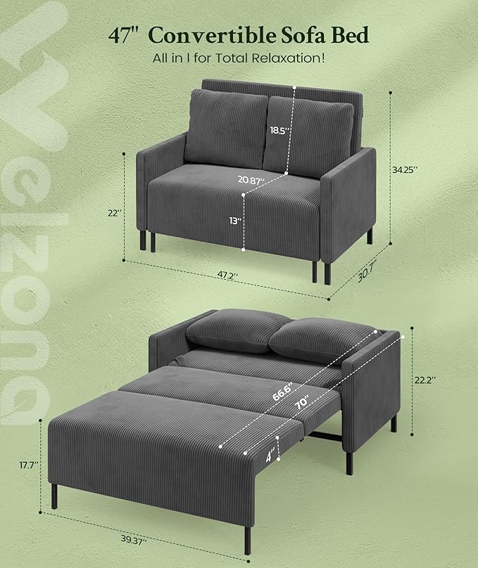 Welzona 47.2" Convertible Sofa Bed Couch, Comfy Corduroy Couch Bed, All in 1 Loveseat Sleeper Sofa, Love Seat Sleeper Bed 2 Pillows, Modern Couches for Living Room/Apartment/Home/Office, Classic Grey