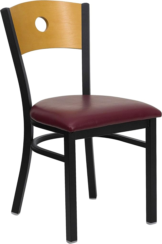 Flash Furniture HERCULES Series Black Circle Back Metal Restaurant Chair - Natural Wood Back, Burgundy Vinyl Seat