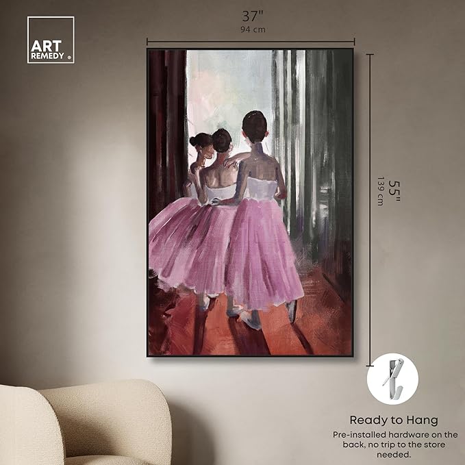 Art Remedy Little Girls Ballerinas Canvas Classic Vintage Wall Art, Black Frame, 36" x 54"