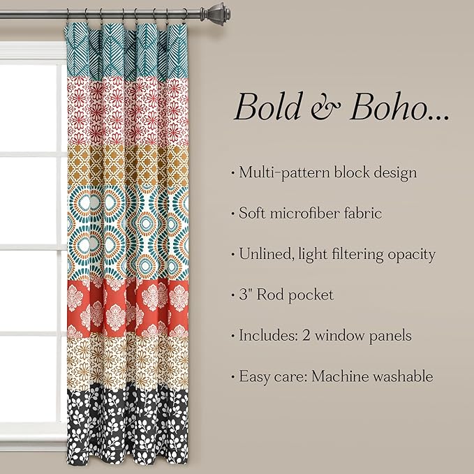 Lush Decor Bohemian Stripe Window Curtain Panels, Pair 52" W x 63" L Turquoise & Orange - Light Filtering Curtains for Bedroom - Boho Curtains - Maximalist Decor