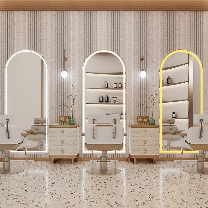 Antok LED Full Length Mirror with Light, 59"x22" Lighted Full Body Mirror with Stand, Dimmable & 3 Color Lighting Standing/Leaning/Wall Mounted Vanity Mirror for Bedroom Cloakroom Livingroom(Arched)