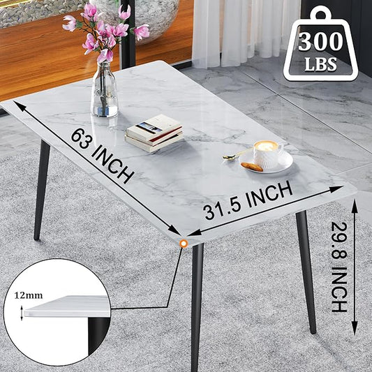 63" Modern Dining Table, Sintered Stone Kitchen Table for 4-6 peoples, White Sintered Stone Dining Tabletop with Metal Legs, Fax Marble Dining Table for Dining Room, Backyard Heat Resistant(63"x31.5")