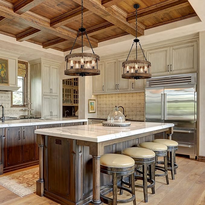 LALUZ Farmhouse Chandelier for Dining Room, 18’’ Round Wooden Chandelier, Hemp Rope Rustic Chandelier for Kitchen Island, Foyer