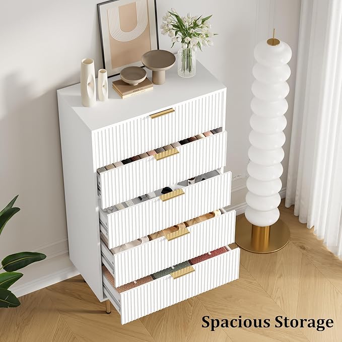 GAOMON 5 Drawer Dresser,Fluted Dresser for Bedroom,47.9" Tall Dressers Chest of Drawers,Wood Tall Dressers with Metal Handle for Closet, Living Room, Entryway