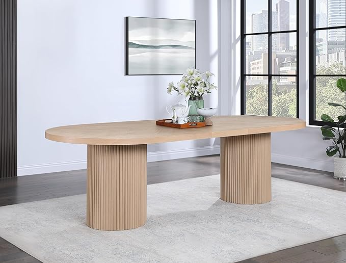 Meridian Furniture 725Oak-T Belinda Collection Mid-Century Modern Solid Wood White Oak Veneer Dining Table, Oval Design, Fluted Bases, 2 Leaves Included, 90"/106.5"/123" W x 47.5" D x 31" H, White