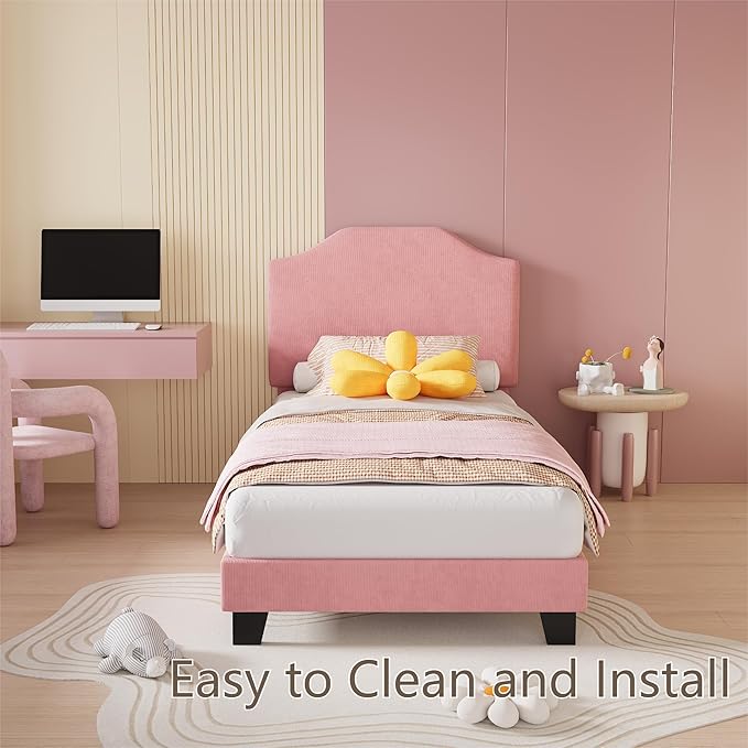 Twin Size Velvet Bed Frame, Corduroy Upholstered Twin Bed Frames Platform with Adjustable Headboard, Cute Velvet Twin Bed, Strong Wooden Slats, No Box Spring Needed, Noise Free, Easy Assembly, Pink