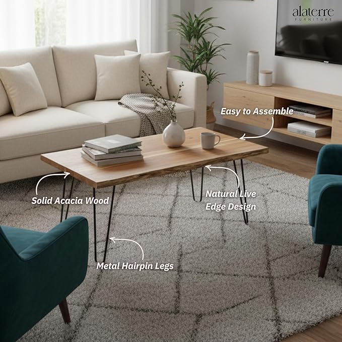 Alaterre Furniture Live Edge Wood Coffee Table with Hairpin Metal Legs – Rustic Modern Farmhouse Living Room Table with Acacia Wood Top (42 Inch)