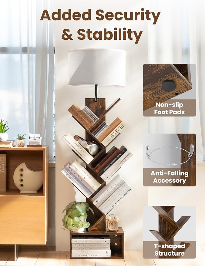 6 Tier Tree Bookshelf with Light, Corner Tall Narrow Bookshelf, Small Bookcase with Storage Cabinet,Floor Standing Bookshelves Organizer for Bedroom/Living Room/Home Office, Rustic Brown